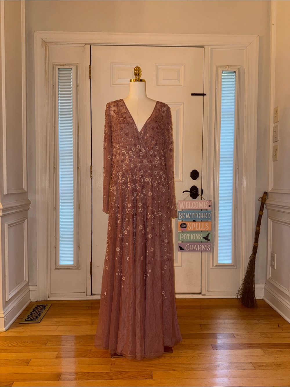 Mac Duggal Dusty Rose Embellished Long-Sleeve Evening Gown Minimal Bead loss